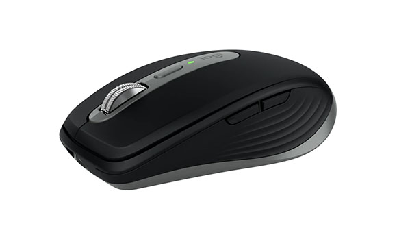 A black Logitech wireless computer mouse with a silver scroll wheel and a small green indicator light.