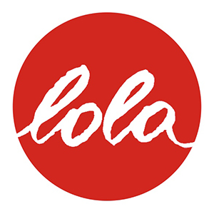 White cursive text reading 'lola' centered within a solid red circle.