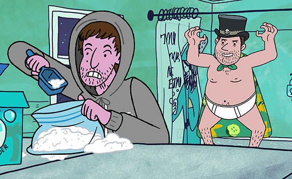 Cartoon illustration of a man in a grey hoodie pouring detergent and a man in a top hat and cape.