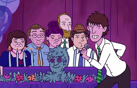Cartoon of a man with a microphone speaking to a group of people sitting behind a table.