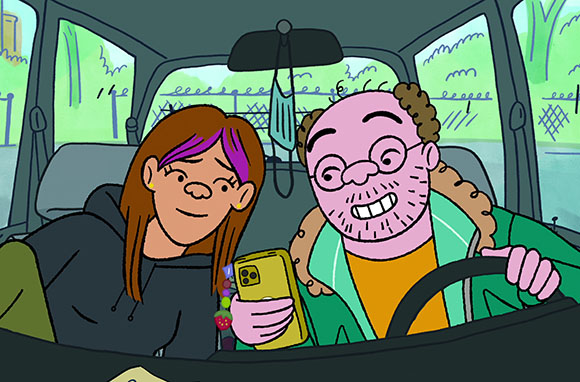 Cartoon illustration of a man driving and a woman in the passenger seat looking at a yellow smartphone.