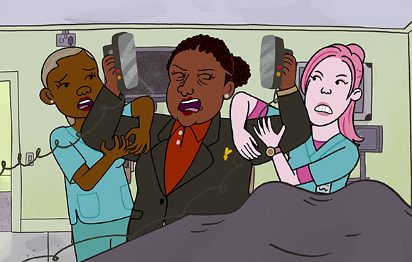 Cartoon illustration of three people with distressed facial expressions in a medical environment.