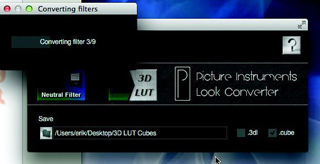 Software windows for Picture Instruments Look Converter showing filter conversion progress and save options.