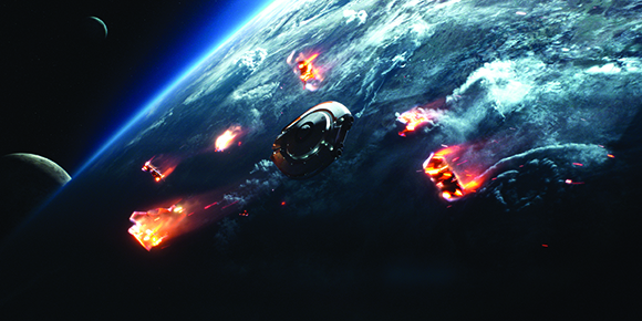 A spacecraft descends toward a blue planet surrounded by glowing, fiery debris in space.