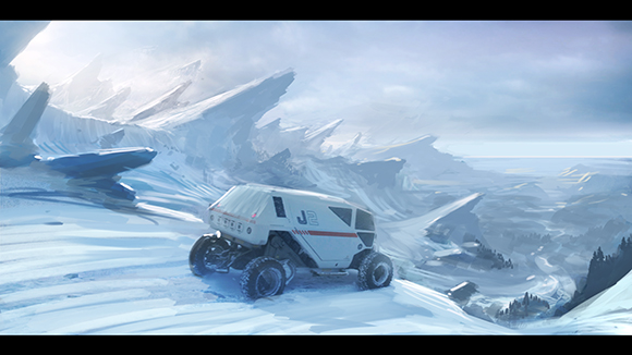 A white all-terrain rover driving across a vast, snow-covered mountain range under a bright sky.