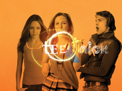 Three teenagers pose against an orange background with a white TeeNick logo superimposed.