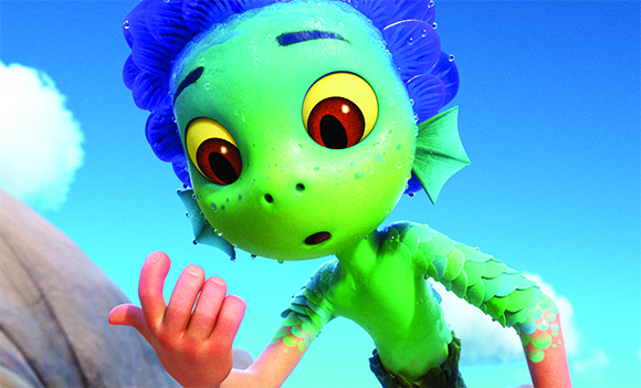 A green animated creature with large yellow eyes and blue fins looking upward with a surprised expression.