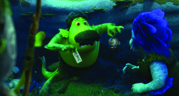 A green anthropomorphic fish holds a small silver pocket watch and a slip of paper underwater.