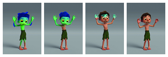 Four panels showing a character transitioning from green skin to human skin tones.