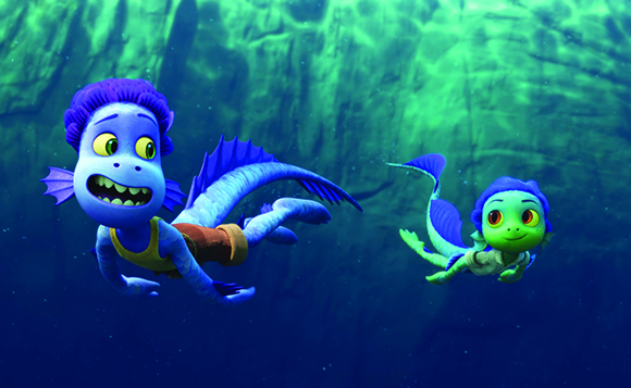 Two blue animated humanoid sea creatures with fins swimming in deep blue water near a rocky cliff.
