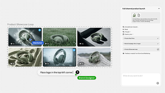 A digital interface showing a video loop of headphones and text placeholders for product launches.