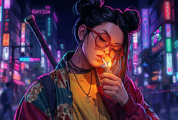 Digital illustration of a woman with black hair buns and red glasses lighting a cigarette in a neon city.