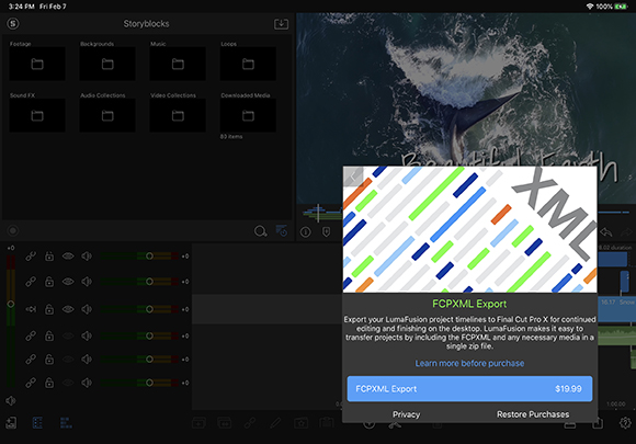 Video editing software interface with a pop-up window for FCPXML Export priced at $19.99.