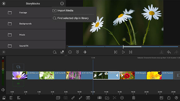 Video editing software interface displaying a timeline of clips and a preview of white daisies.