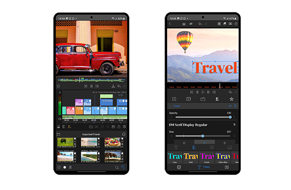 Two smartphones showing different stages of a mobile video editing application interface.