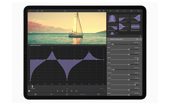 Tablet showing a video of a sailboat on calm water above a purple graphic equalizer interface.