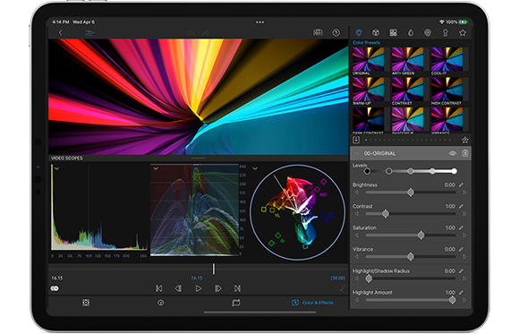 A tablet screen showing a video editing interface with color presets, video scopes, and adjustment sliders.