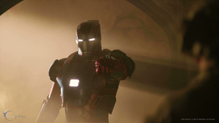 A person in red and silver metallic armor points a hand toward the camera in a hazy, lit environment.