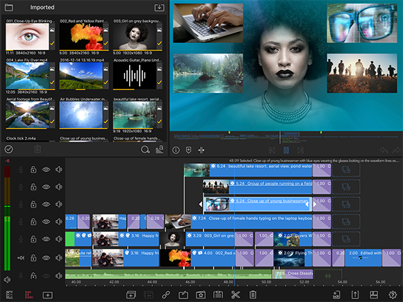 A video editing software interface displaying a media bin, preview window, and multi-track timeline.