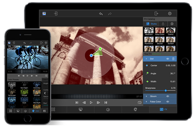 A smartphone and tablet showing a photo editing interface with various filters and adjustment tools.