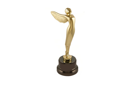 A gold-colored trophy of a slender, winged human figure standing on a dark circular base.