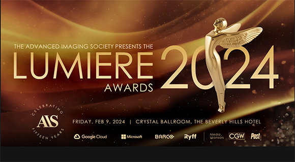 Gold text reading 'The Lumiere Awards 2024' next to a gold winged statue on a dark brown background.