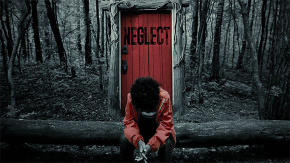A person in an orange jacket sits slumped before a red door in a dark forest labeled 'NEGLECT'.
