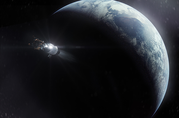 A spacecraft with glowing thrusters approaches a large, partially illuminated Earth in the darkness of space.