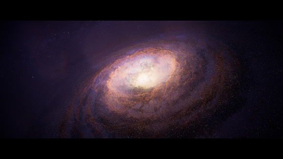 A glowing spiral galaxy with golden and purple hues amidst a dark, star-filled cosmos.