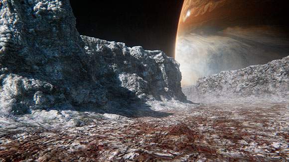 Rocky, cratered terrain on a moon with a large gas giant planet in the background.