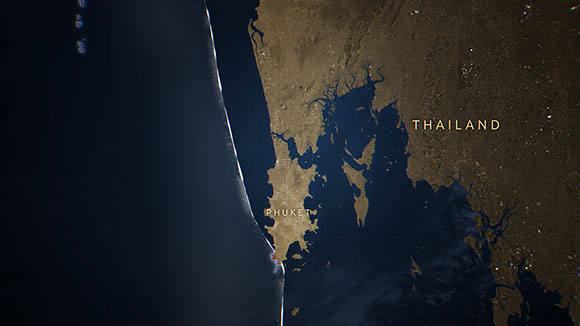 Satellite view of the coastline of Thailand and the island of Phuket at night.