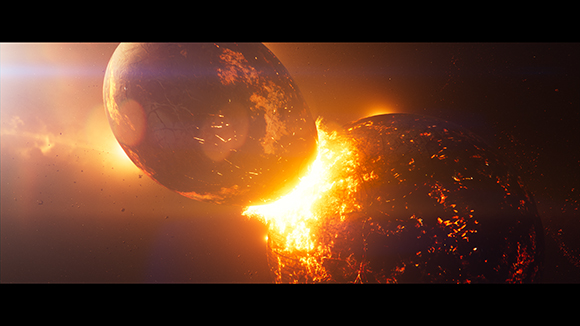 Two large, glowing, molten planets colliding amidst bright orange light and debris in dark space.