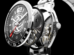 An exploded view of a silver luxury wristwatch showing the dial, internal gears, and casing.