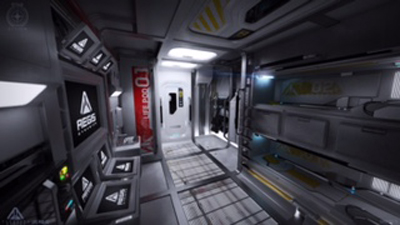 A narrow, high-tech corridor of a spaceship with control panels on the left and storage compartments on the right.