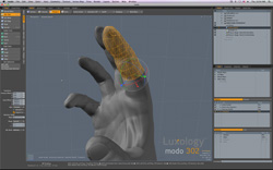 A 3D modeling interface displaying a grey digital hand with an orange wireframe mesh over one finger.