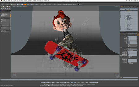 3D software interface displaying a stylized character holding a red skateboard.