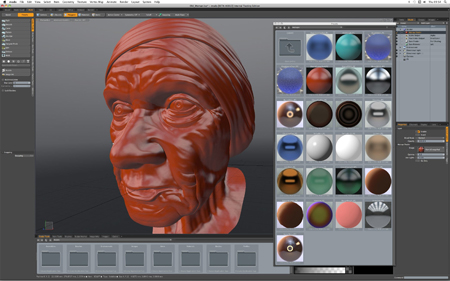 Digital 3D software interface displaying a red clay-like sculpture of an elderly woman and a material library.