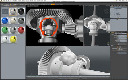 A computer screen displaying a 3D modeling software interface with complex mechanical gear components.