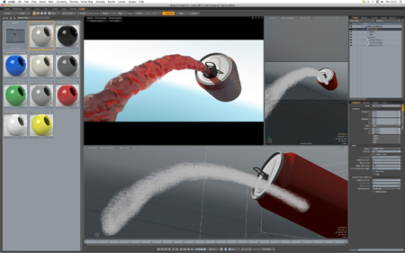A 3D modeling software interface showing a red soda can spraying liquid in multiple viewports.