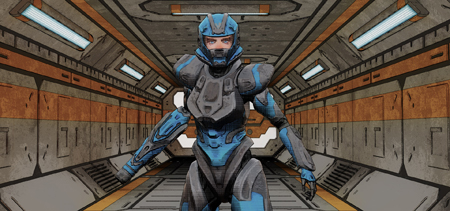 A person in blue and grey futuristic combat armor stands in a metallic, lit spaceship corridor.