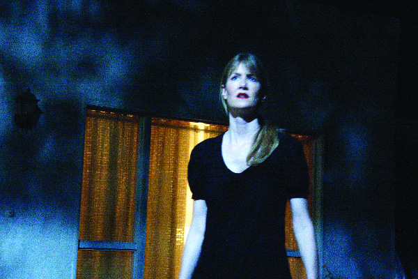 A woman in a black shirt stands before a glowing window in the dark night.