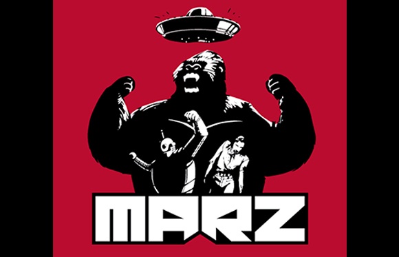 Black and white illustration of a large gorilla looking up at a UFO above the text MARZ on a red background.
