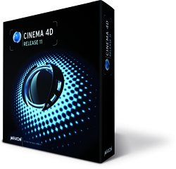 A black software box for Cinema 4D Release 11 featuring a blue circular graphic on a dotted background.