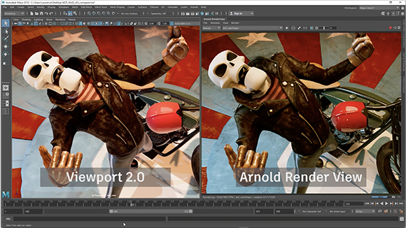 Split screen showing two identical 3D renders of a skeleton in a leather jacket on a motorcycle.