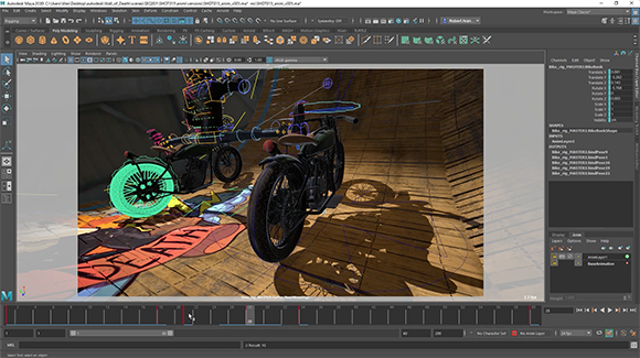 A 3D modeling software interface showing a rigged motorcycle model with blue wireframe control structures.