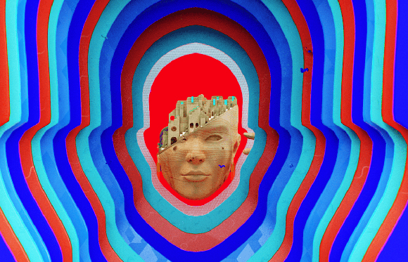 A stone face with a city skyline on its head, centered within colorful, wavy concentric arches.