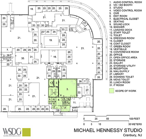 Architectural floor plan of a studio with a numbered legend and a green shaded area for scope of work.