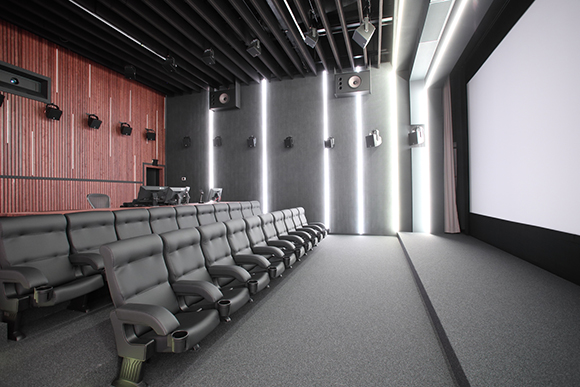 Rows of dark grey cinema seats facing a large white screen in a room with grey walls and wood paneling.