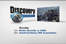 Discovery Channel logo with a globe and a small video still, above a Thursday schedule.