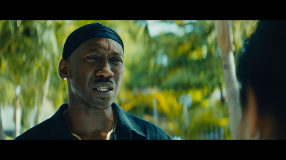 A Black man wearing a black headwrap and gold chain looks forward with a serious expression outdoors.